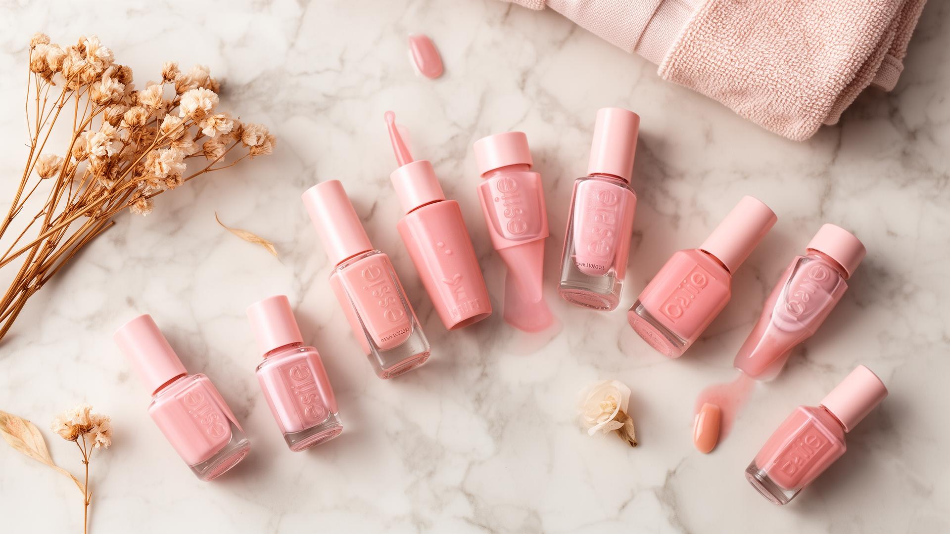 Esmaltes premium en tonos rosa pastel sobre superficie de mármol